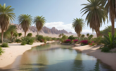 Fototapeta premium Beautiful oasis with tropical plants in desert.