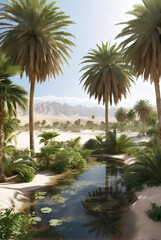 Fototapeta na wymiar Beautiful oasis with tropical plants in desert.