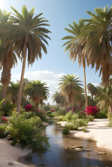 Beautiful oasis with tropical plants in desert.