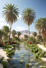 Fototapeta premium Beautiful oasis with tropical plants in desert.