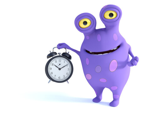 A happy spotted monster holding alarm clock.