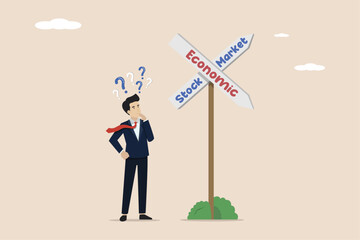 Stock market rising in economic recession due to Corona virus COVID-19 outbreak concept, confused businessman with traffic sign showing economic recession and stock market rising.
