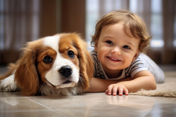 The portrait of a happy child and her dog pet, a best buddy, are laying on the floor of the living...