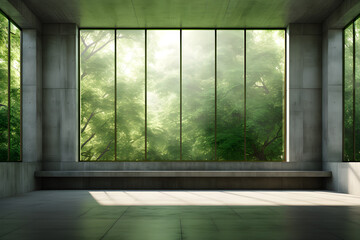 Fototapeta premium Empty concrete room with green wood window panels 