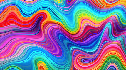 Seamless psychedelic rainbow ridged topological map pattern background texture. Trippy hippy abstract wavy swirls dopamine dressing style fashion motif. Bright colorful neon retro wall. Generative Ai.