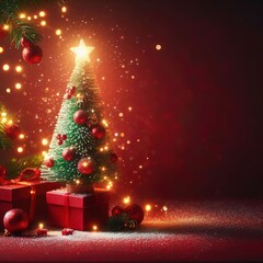 Fototapeta na wymiar Christmas background with Xmas tree and sparkle bokeh lights on red canvas background. Merry Christmas card. Space for text. Generative AI 