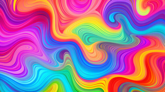 Seamless psychedelic rainbow ridged topological map pattern background texture. Trippy hippy abstract wavy swirls dopamine dressing style fashion motif. Bright colorful neon retro wall. Generative Ai.