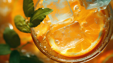 glass rim close-up angle Ice orange juice close-up - obrazy, fototapety, plakaty