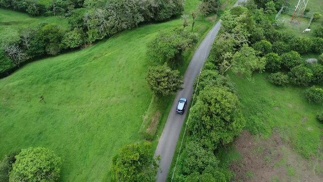 wooded trees, driving through mountains in modern SUV car, aerial video, drone, driving in foggy green mountains