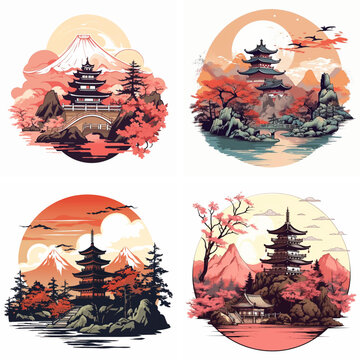 oriental japan japanese heritage religion watercolor journey paint silhouette image tower china east 