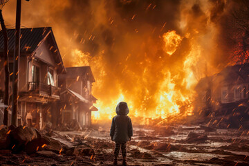 Violent explosion against the backdrop of the house. A child watches the explosion and fire. Sunset. Apocalypse. War. Nuclear threat. Third World War. Attack on a peaceful city. - obrazy, fototapety, plakaty