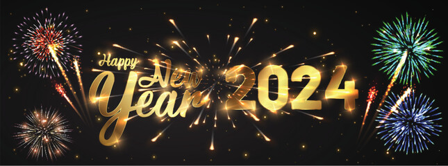 Happy new 2024 year Elegant text with light effect and fireworks.
