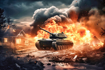 Fototapeta premium War Concept. Attack on a peaceful city or village. Hostilities. Tank against the background of fire, smoke and explosions. Fire in a destroyed house. Battle in ruined city.