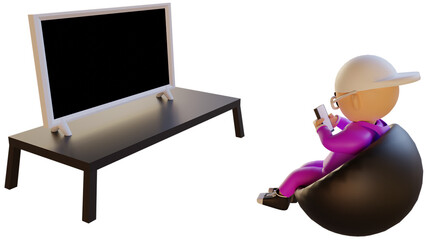 3D Character Man Playing Mobile Game In Purple Clothes
