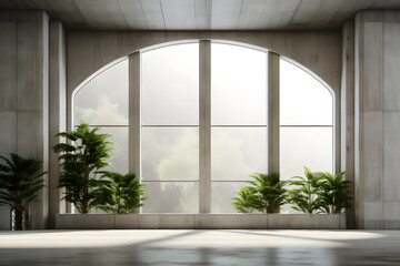 Building area with large white windows and concrete wall with plants 3d illustration of a building, in the style of striped arrangements