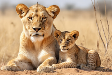 Obraz premium The African mother lion and her little young cub together in the savanna field, wildlife parent's care taking. Generative AI.