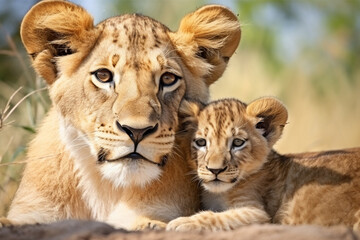 The African mother lion and her little young cub together in the savanna field, wildlife parent's care taking. Generative AI.