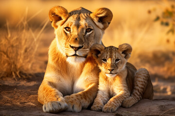 Obraz premium The African mother lion and her little young cub together in the savanna field, wildlife parent's care taking. Generative AI.