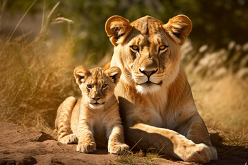 Fototapeta na wymiar The African mother lion and her little young cub together in the savanna field, wildlife parent's care taking. Generative AI.