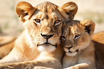 Obraz premium The African mother lion and her little young cub together in the savanna field, wildlife parent's care taking. Generative AI.