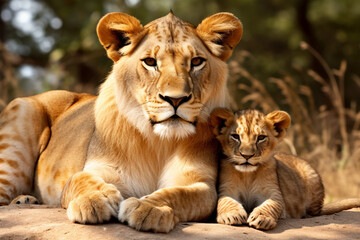 The African mother lion and her little young cub together in the savanna field, wildlife parent's care taking. Generative AI.