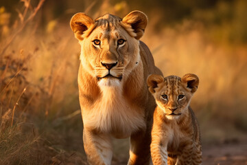 The African mother lion and her little young cub together in the savanna field, wildlife parent's...