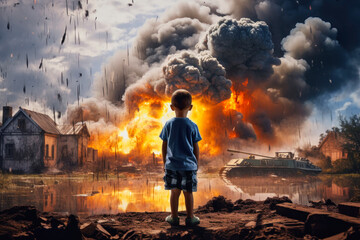 Violent explosion against the backdrop of the house. A child watches the explosion and fire. Sunset. Apocalypse. War. Nuclear threat. Third World War. Attack on a peaceful city