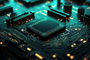 Motherboard of a computer or other electronic equipment. Close-up. Powerful multi-core processor.