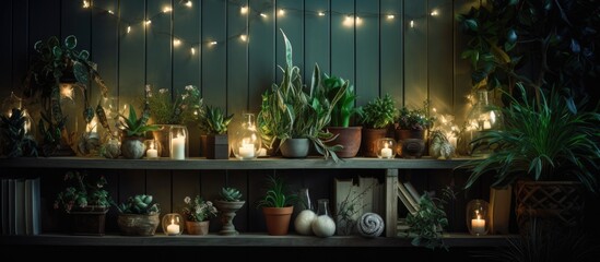 Retro vintage style creates a cozy Christmas atmosphere indoors with plants in pots and light garlands at night
