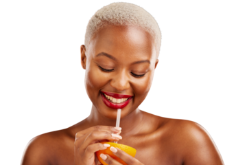 Happy, black woman and orange for diet, weight loss or nutrition on isolated, transparent and png background. Fruit, citrus and African model with juice for body detox, wellness and vitamin c drink
