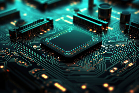 Motherboard of a computer or other electronic equipment. Close-up. Powerful multi-core processor.