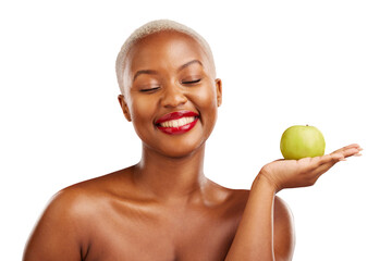 Happy black woman, hand or apple for skincare, health or diet nutrition for wellness, beauty or fruit. Palm, vitamin c or proud African person with food choice isolated on transparent png background