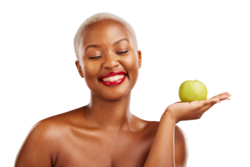 Happy black woman, hand or apple for skincare, health or diet nutrition for wellness, beauty or fruit. Palm, vitamin c or proud African person with food choice isolated on transparent png background