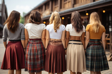 Various women in skirts pose with their backs to the camera, hugging each other like best friends. Women showing their support and equality. Generative AI