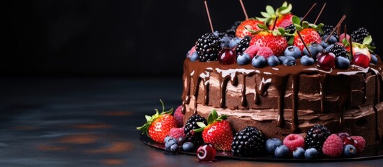 Homemade vegan cake with chocolate frosting and berries on dark background suitable for celebrations and special occasions