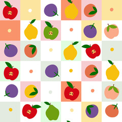 Obraz premium Seamless pattern with fruits and berries on a background of multicolored squares. Abstract geometric print with healthy food. Vector graphics.