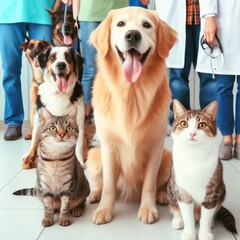 photo of dogs cats and other home animals sitting on chairs waiting in a queue to pets clinic