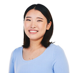 Happy, smile and portrait of Asian woman with beauty, makeup and cosmetic isolated on png...