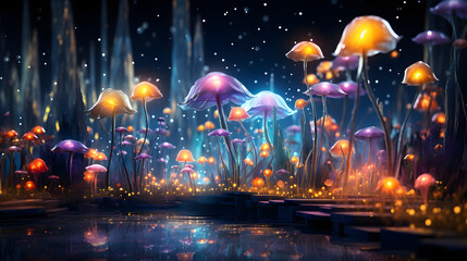 An image showcasing an array of whimsical and colorful mushrooms that seem right out of a dreamlike...