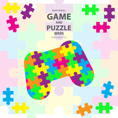 National Game and Puzzle Week on november 20, Puzzle shaped like a game stick vector illustration and text isolated on abstract background for commemorate and celebrate National Game and Puzzle Week.