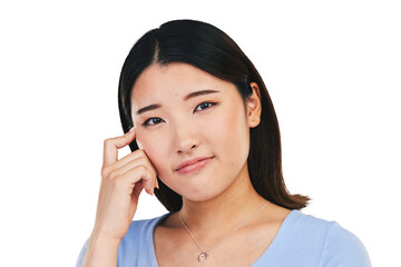 Portrait, smile and Asian woman with ideas, solution and decision isolated on transparent background. Face, Japanese person and model with problem solving, thinking and choice with opportunity or png