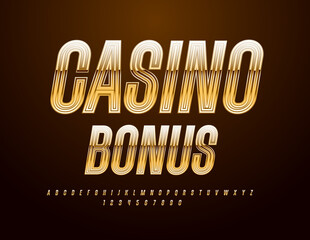 Vector premium emblem Casino Bonus. Chic metallic Font. Golden Alphabet Letters and Numbers set