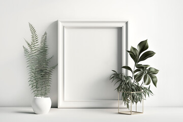 Vertical white picture frame mockup. White wooden frame, table. Modern vase with green leaves. White wall background. Scandinavian interior, neutral color.