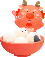 Cute and playful dragon character or mascot with glutinous rice balls for Lantern Festival or Winter Solstice, Asian sticky rice sweet food, vector cartoon style