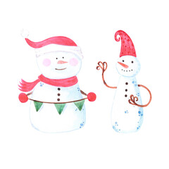 Hand drawn watercolor snowman in a hat. Christmas illustration isolated on white background. Can be used for card, label, scrapbook and other printed products.
