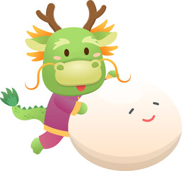 Cute and playful dragon character or mascot with glutinous rice balls for Lantern Festival or Winter Solstice, Asian sticky rice sweet food, vector cartoon style