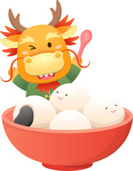 Cute and playful dragon character or mascot with glutinous rice balls for Lantern Festival or Winter Solstice, Asian sticky rice sweet food, vector cartoon style
