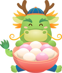 Cute dragon character or mascot, glutinous rice dumpling with glutinous rice balls for Lantern Festival or Winter Solstice, Asian sticky rice sweet food, vector cartoon style