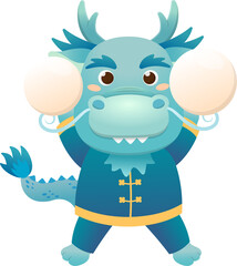 Cute and playful dragon character or mascot with glutinous rice balls for Lantern Festival or Winter Solstice, Asian sticky rice sweet food, vector cartoon style