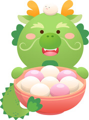 Cute dragon character or mascot, glutinous rice dumpling with glutinous rice balls for Lantern Festival or Winter Solstice, Asian sticky rice sweet food, vector cartoon style